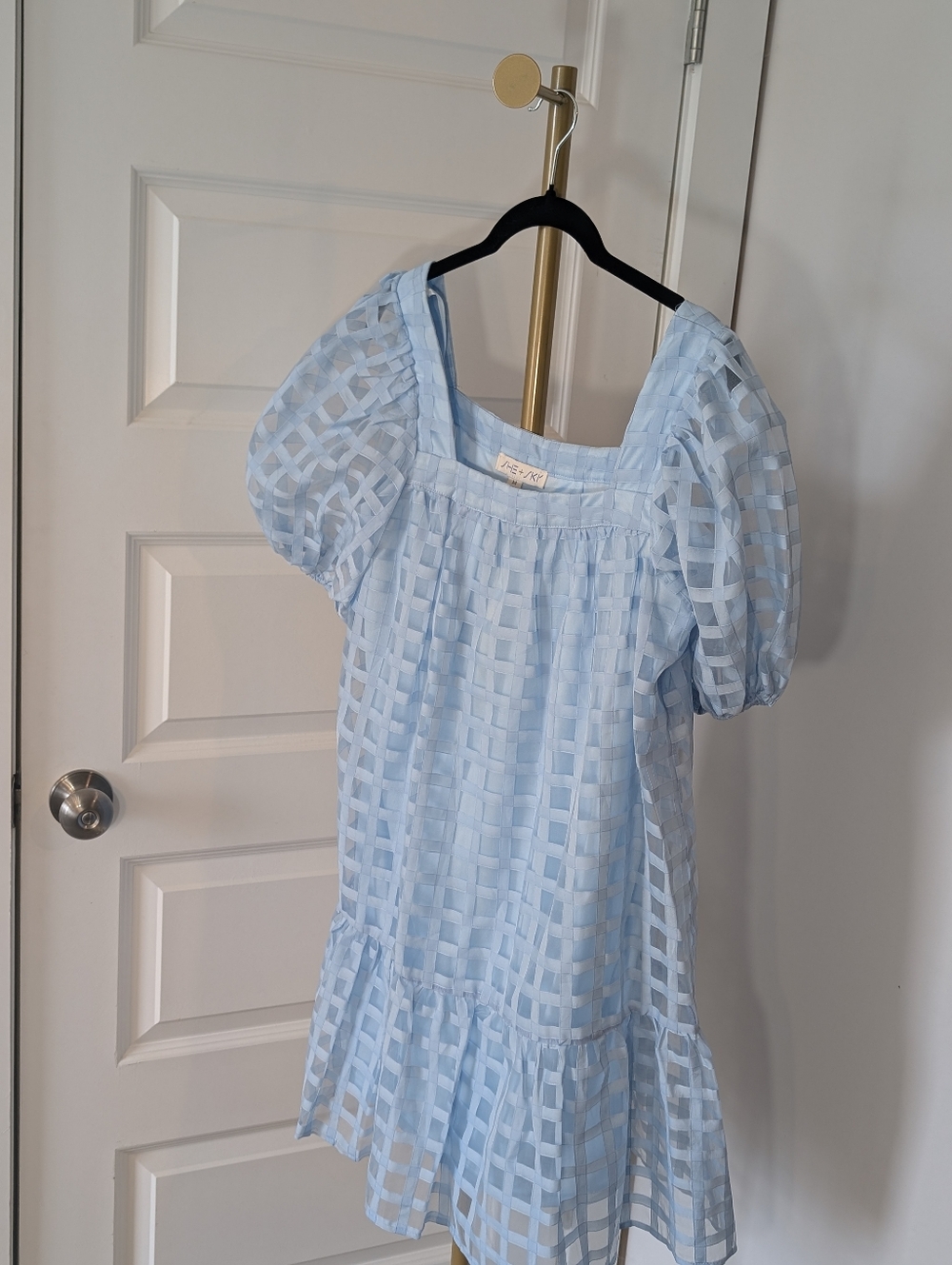 She + Sky Light Blue Sheer Puff Sleeve Dress Size Med - Picture 3 of 10